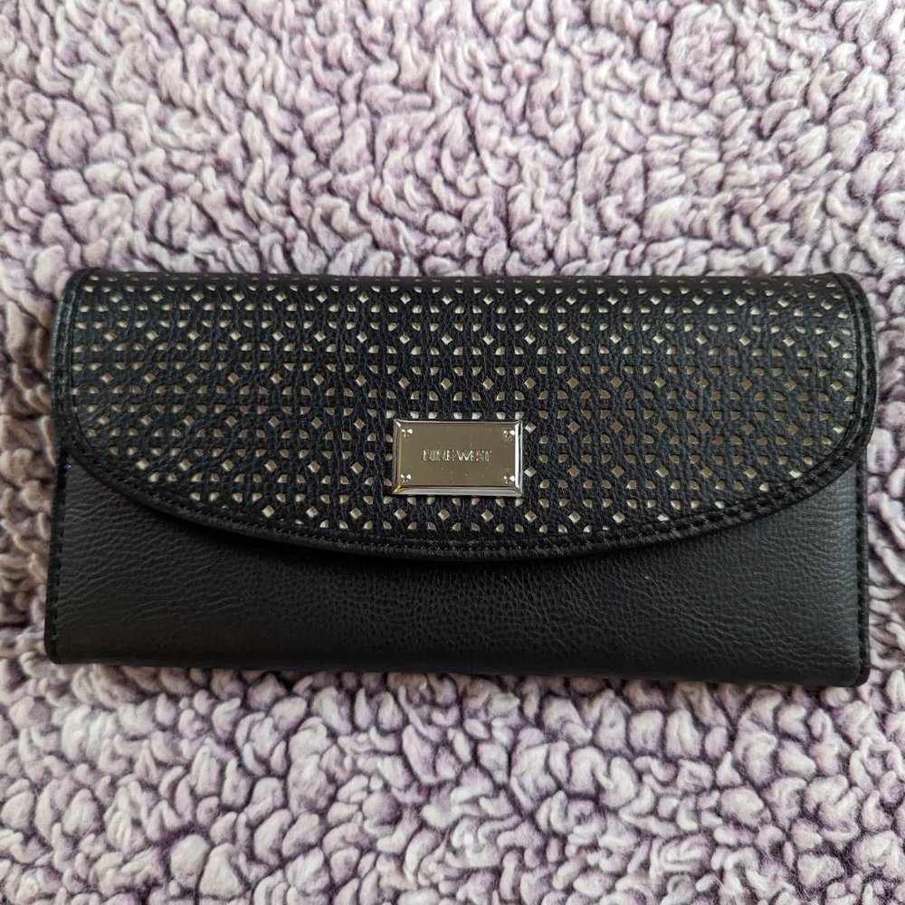 Large Front Snap Faux Leather Black Nine West Wallet